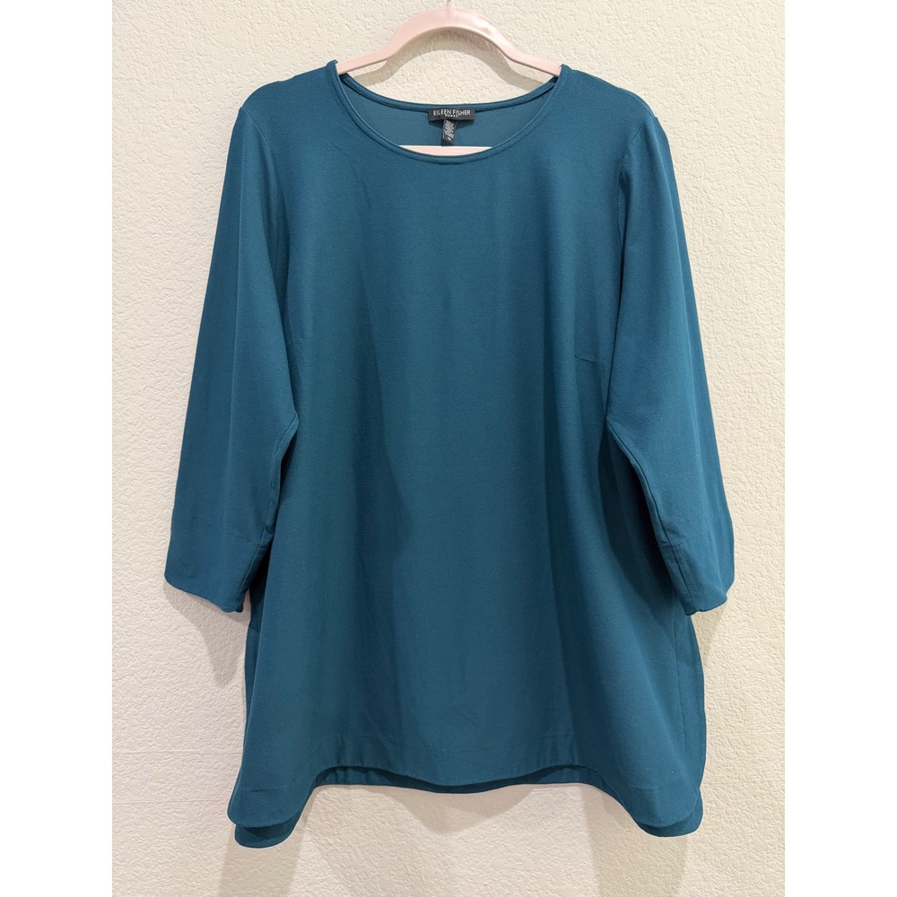 Eileen Fisher Stretch Crepe Tunic Top Teal Blue 1X 3/4 Sleeve Travel Relaxed Fit - Picture 2 of 8